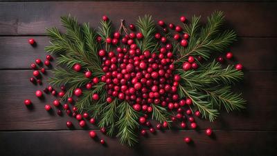 The primary subject of the image is a close-up of a bunch of red berries, possibly cherries, arranged in a visually appealing manner. The berries are placed on a wooden surface, which serves as the setting or background. The visual style of the image is a close-up, focusing on the details of the berries. The colors and mood of the image are predominantly red, creating a warm and inviting atmosphere.